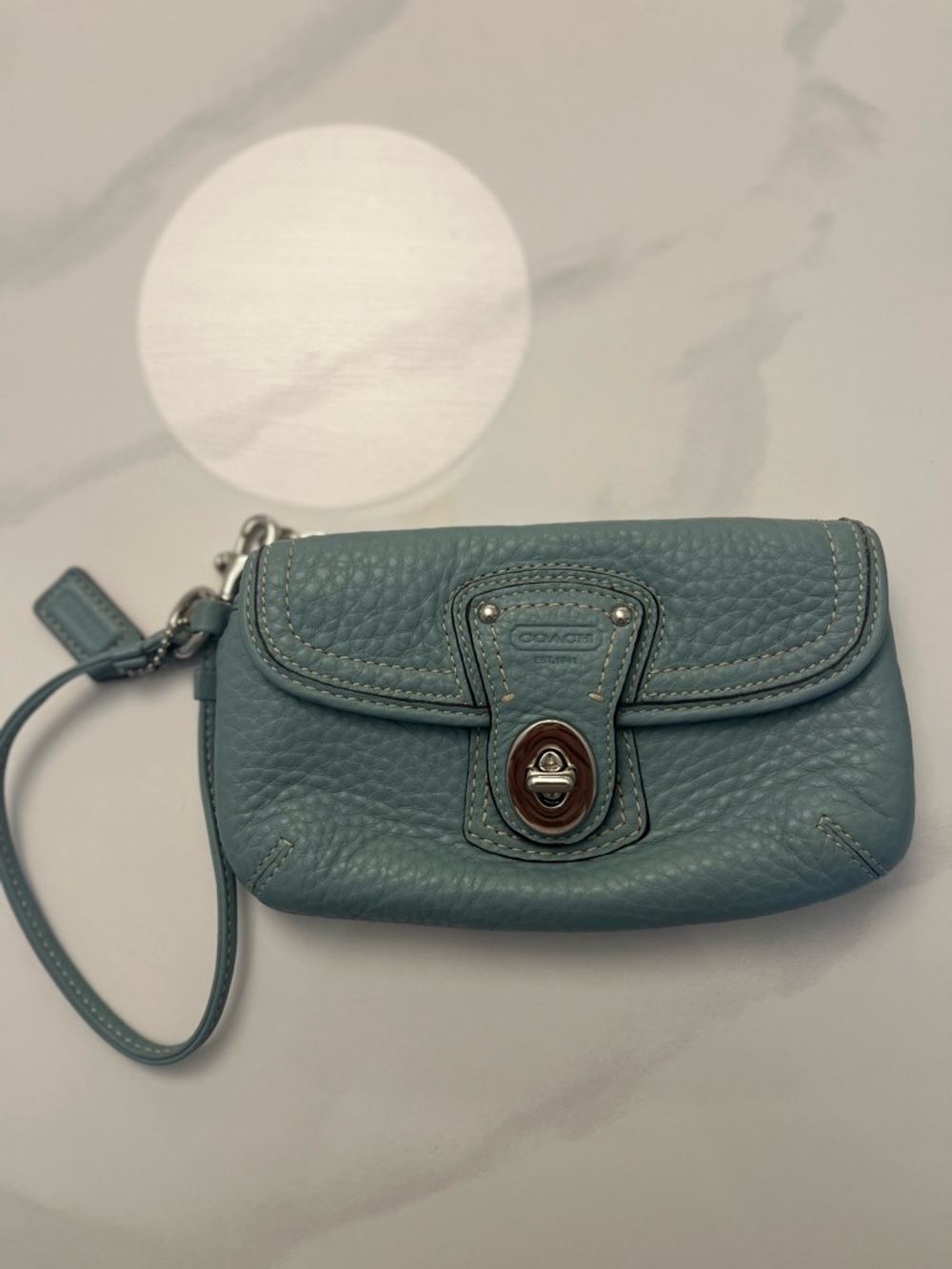 Coach Teal Pebbled Leather Turnlock Wristlet